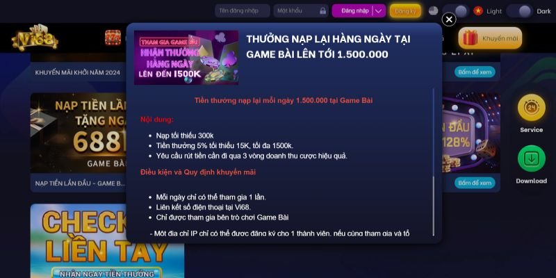 Tiền thưởng nạp lại mỗi ngày 1.500.000 tại Game Bài