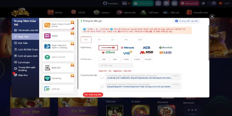 Tiến hành nạp tiền Vi68 cực kỳ đơn giản và dễ dàng
